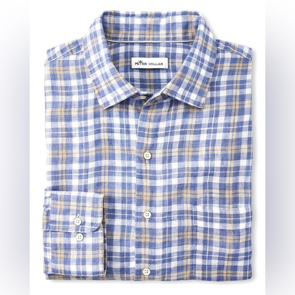 Peter Millar Seaside Commons Plaid Linen Long Sleeve Blue Men’s Shirt XL - Picture 4 of 12